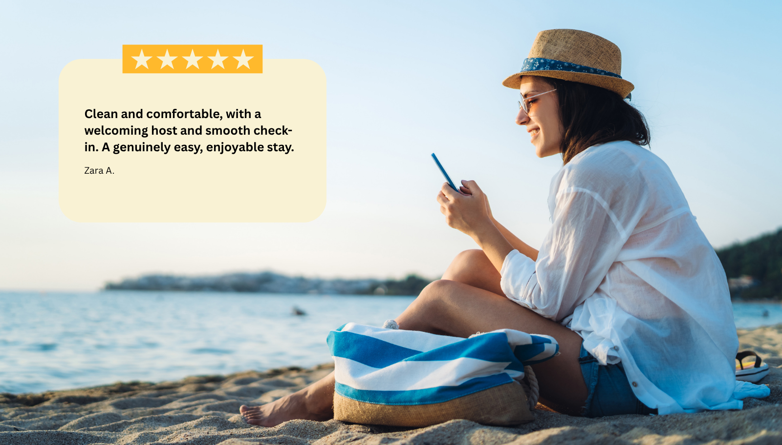 Five-star review on a phone after a completed vacation rental stay