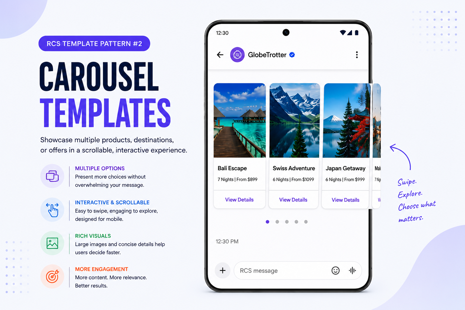 Carousel RCS business messaging template showcasing multiple products with swipeable interactive cards.
