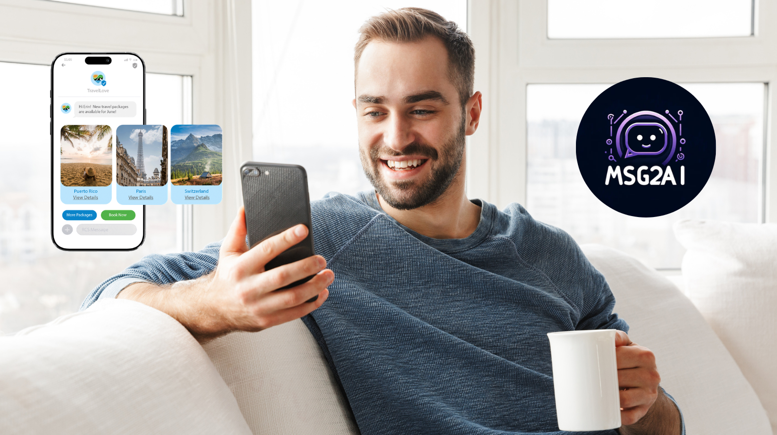 Msg2ai platform demonstrating interactive RCS messaging templates with carousel cards for customer engagement.