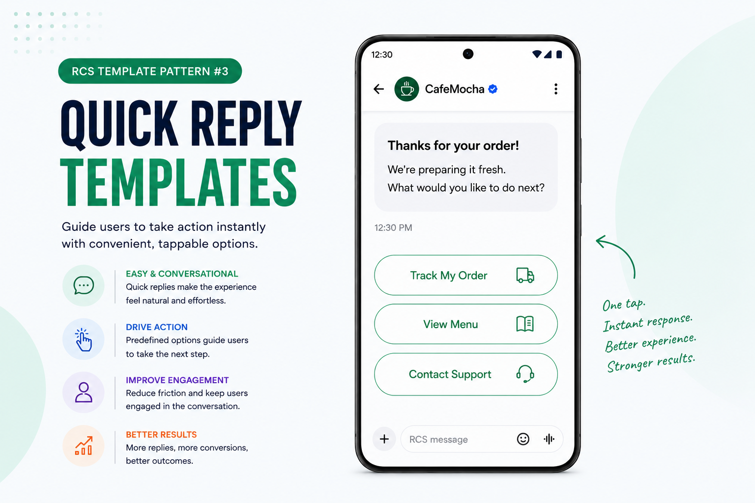Quick reply RCS message template with interactive buttons that improve customer engagement and response rates.