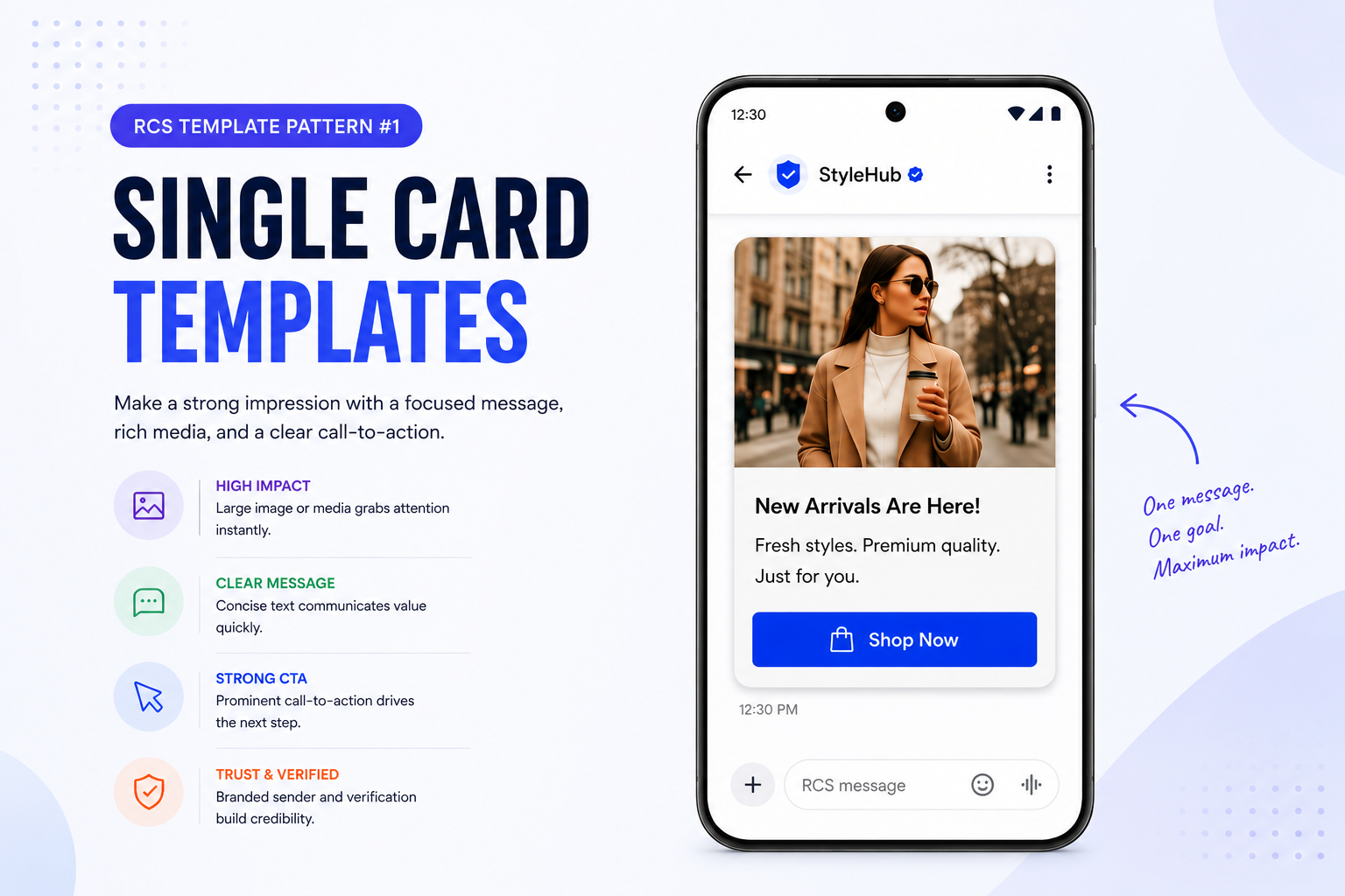 Single card RCS business messaging template with rich media, branded messaging, and call-to-action button.