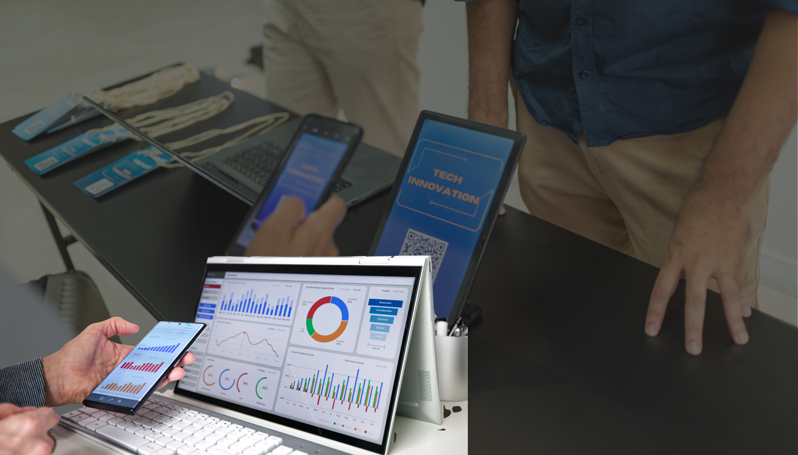 An event analytics dashboard showing live attendance metrics on a phone and laptop