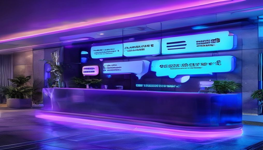 AI multilingual guest messaging - hotel reception with holographic chat display