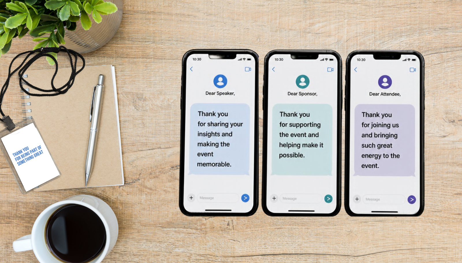 Different thank-you messages being sent to speakers sponsors and attendees on messaging apps