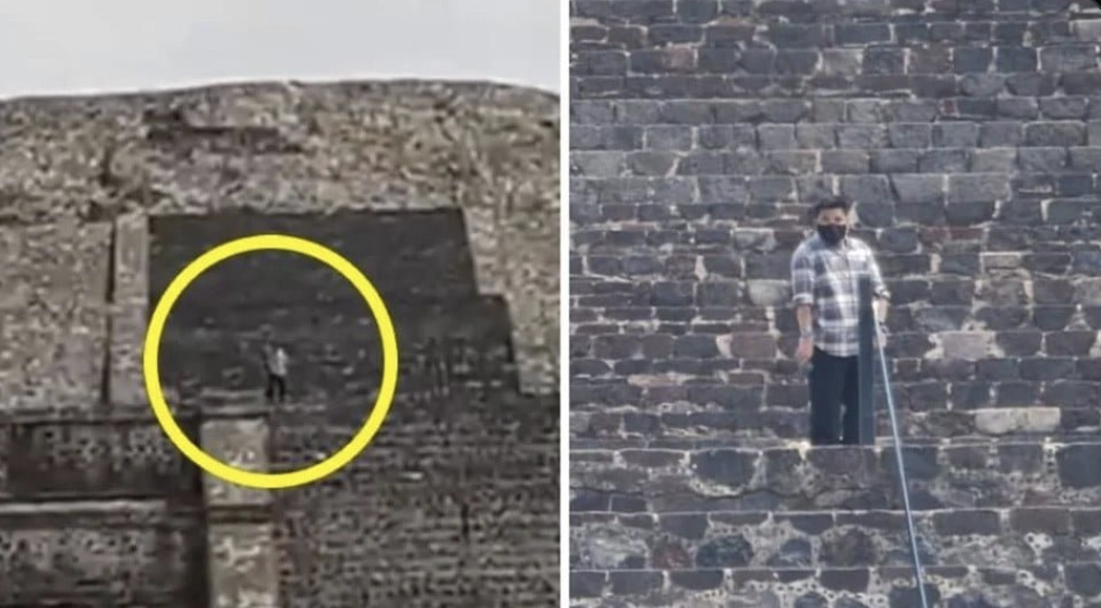 Photograph circulating shortly after the Teotihuacan incident, showing a suspect on the steps of the pyramid